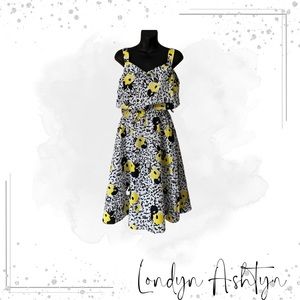 WHITE SUMMER DRESS WITH BLACK AND YELLOW FLOWERS
